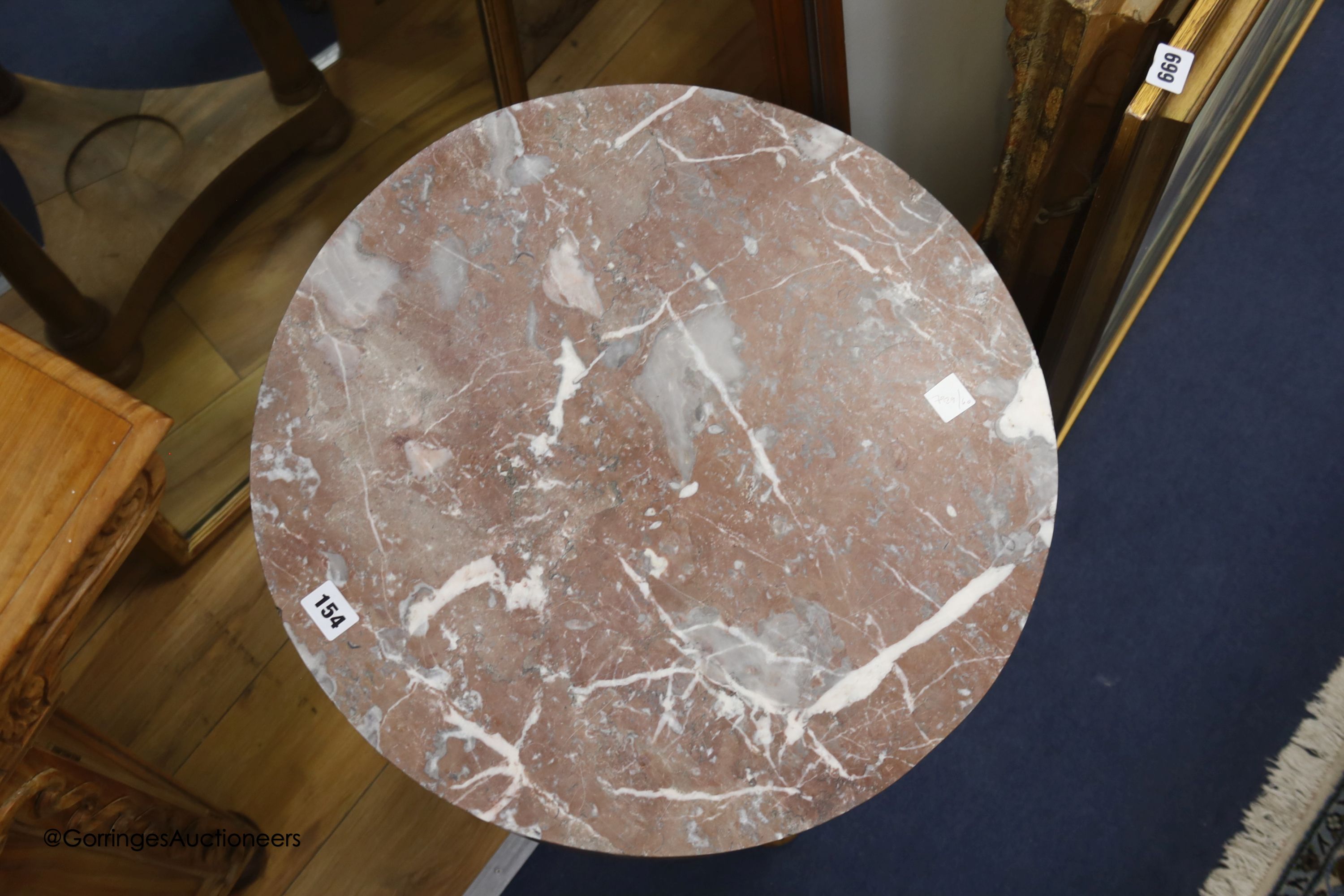 A 19th century circular mahogany occasional table, Breche marble top, cylindrical tapering legs